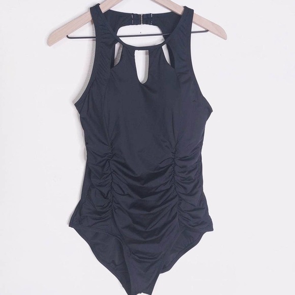 Jantzen One Piece Black Keyhole High Neck Swimsuit 14 - Picture 1 of 9